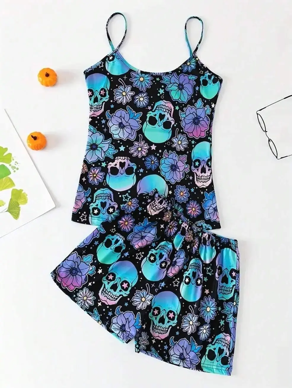 Skull Floral Print Cami Pajama Set, Sexy Backless Gothic Style Sleepwear