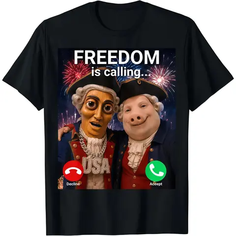 John Pork Funny Freedom Is Calling Sarcastic Meme Tee, Tung Tung Tung Sahur T-Shirt, Unisex Breathable Casual Cotton Crew Neck Streetwear Top, Gifts for Men Women