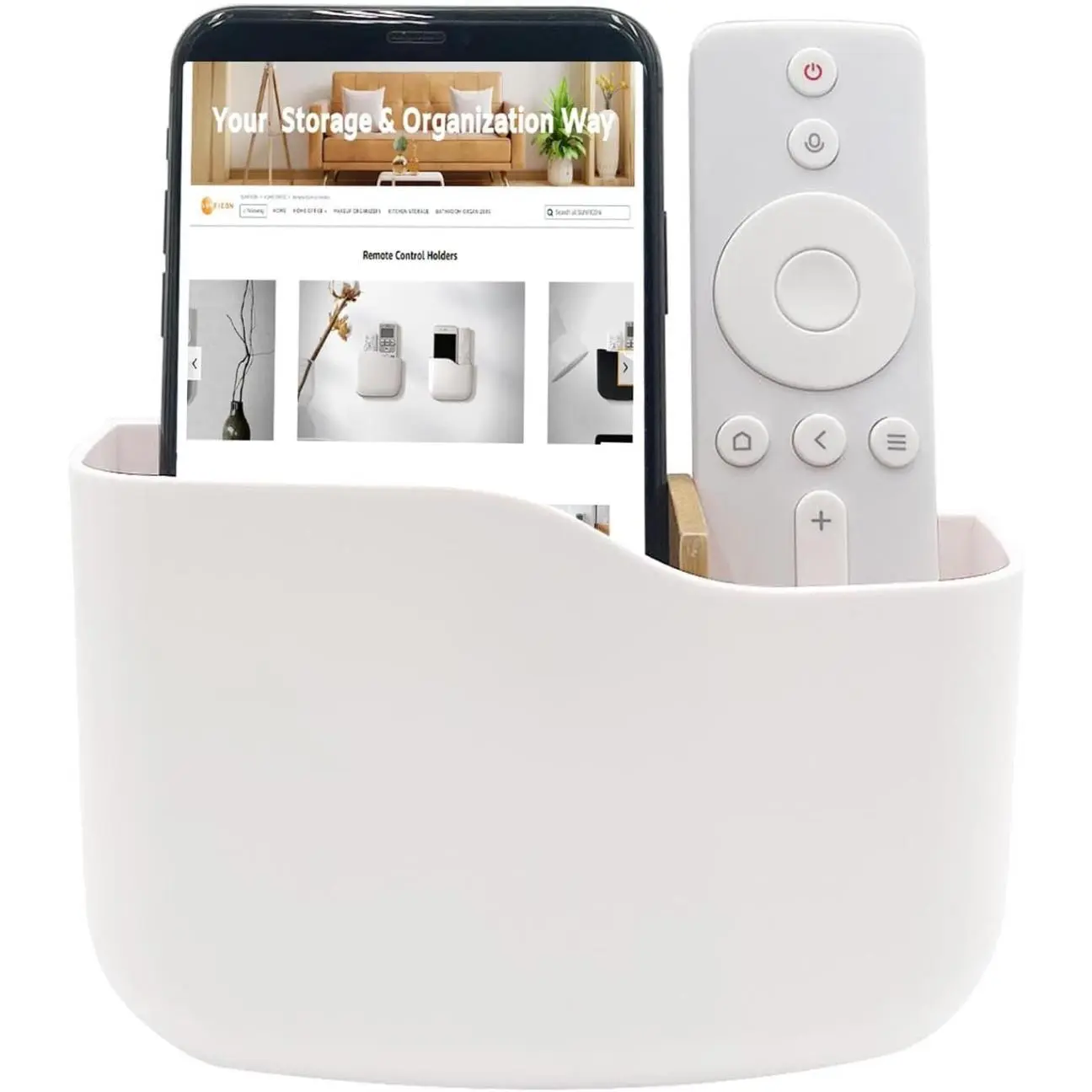 Adhesive Remote Control Holder Wall Mount Media Player Controller Holder Universal TV Remote Organizer Caddy Box Tray Easy Phone Charging Home Office Desk Nightstand White