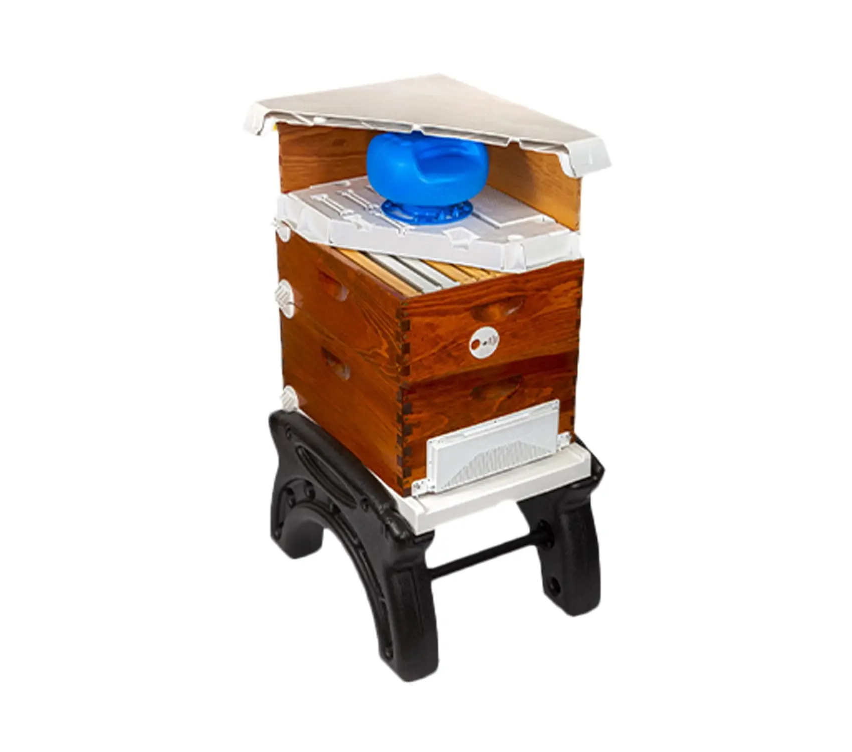 3 Season Ultimate Hive Feeder with Wooden Body, Black Wheels, and Storage Compartment, Ideal for Beekeeping