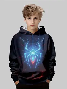 Boys Spider Hoodie Sweatshirt, Neon Blue Mesh Print, Halloween Birthday Party Superhero Costume, Fall Winter