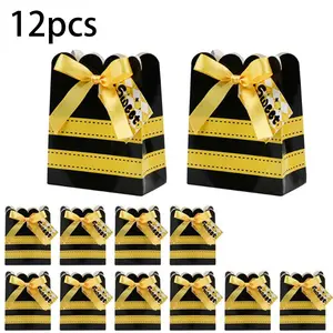 12pcs Creative Bee Themed Candy Boxes, Striped Gift Boxes with Bow Decor, Multipurpose Paper Packaging for Parties and Gifts