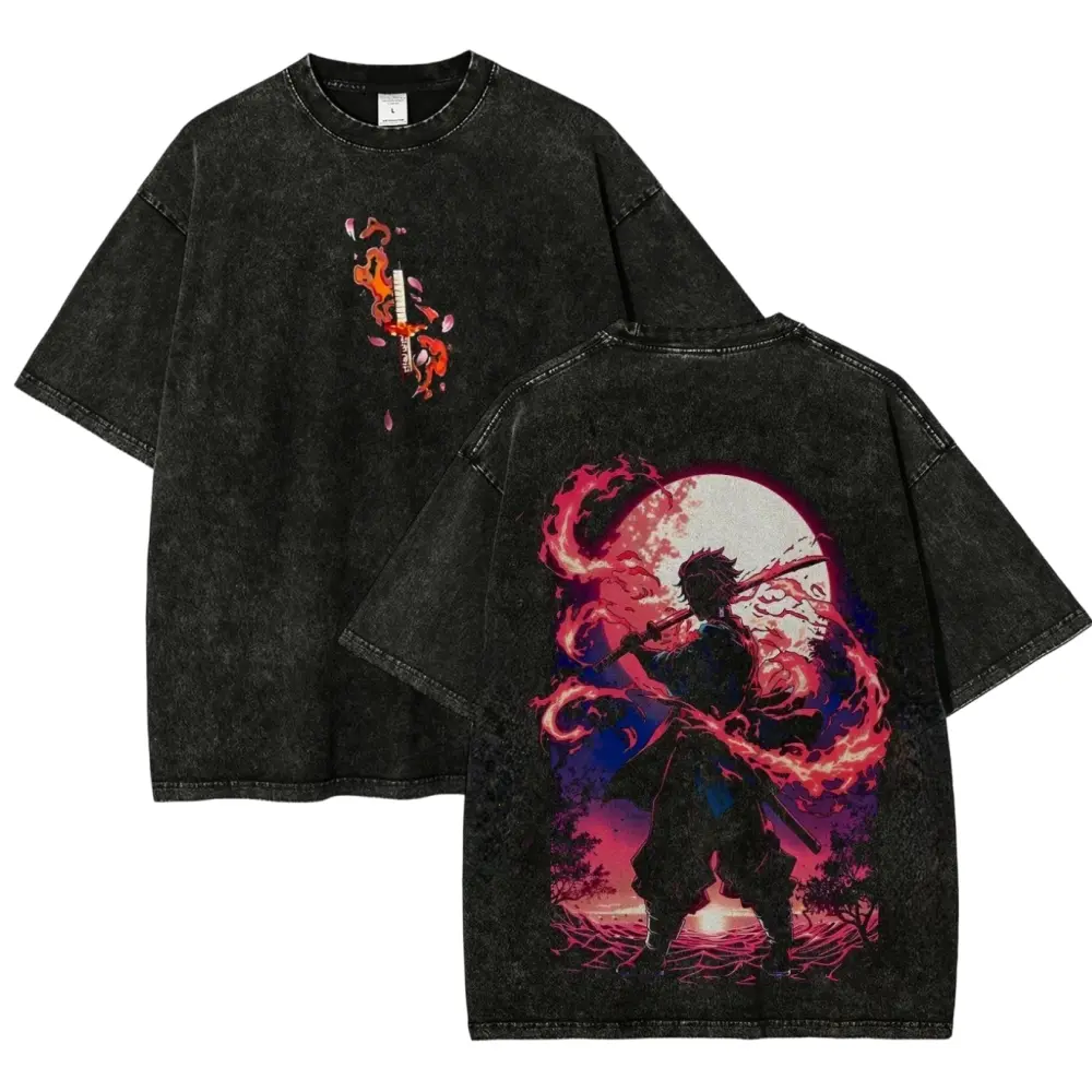 Demon Slayer Tanjiro Kamado Oversized Graphic Tee Vintage Acid Wash Anime T Shirt Y2K Streetwear Gym Pump Cover Sun Breathing Retro Manga Merch Tiktok Finds Trendy Dark Aesthetic Katana Silhouette Workout Fit Casual Top Kimetsu No Yaiba Mens