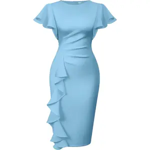 Women's Vintage Church Ruffle Sleeve Ruched Bodycon Work Midi Pencil DressGift