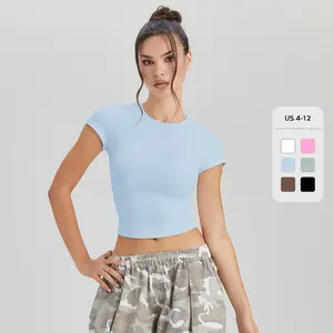 Women's Minimalist Solid Color Round Neck Short Sleeve Slim Top, Spring & Summer Stretchy Brushed Clothes, Quick Drying Yoga Top, Comfort Outfit (CN)