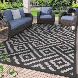 Clearance 5'x8' Waterproof Reversible Plastic Outdoor Rug Camping Mat Perfect for Patio RV Porch Deck Camper Balcony Backyard, Black & Gray