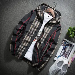 Men's Lightweight Plaid Windbreaker Jacket with Hood Casual Polyester Material for Everyday Wear(Sheet)