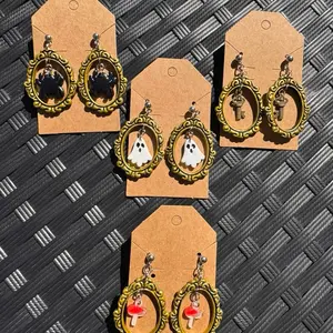 Clay Frame Earrings with Unique Design Featuring Ghosts, Mushrooms and Keys in Golden Frame Settings for Stylish Accessory