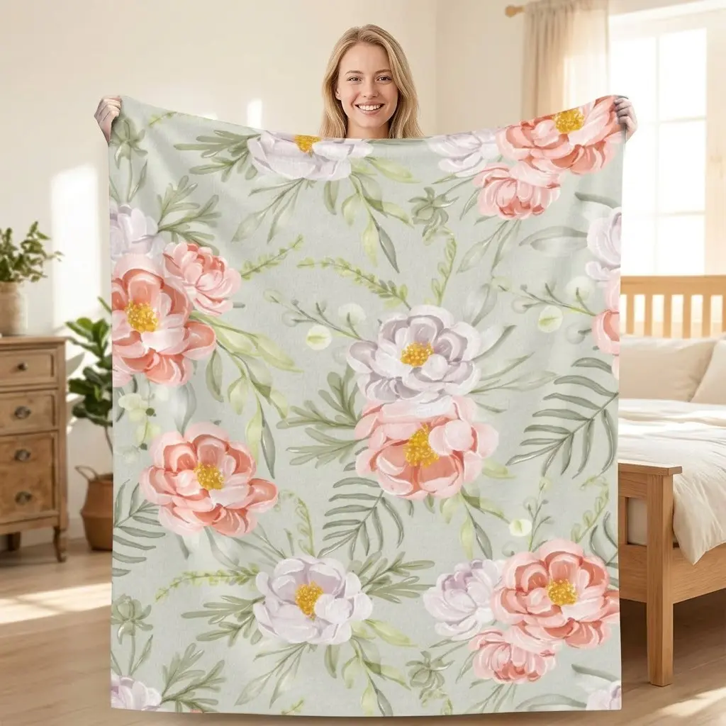 Spring Flowers with Peach Leaves Throw Blankets All Season Ultra Soft Warm Fleece Blanket for Home Bed Sofa Couch Chair Outdoor Travel Camping