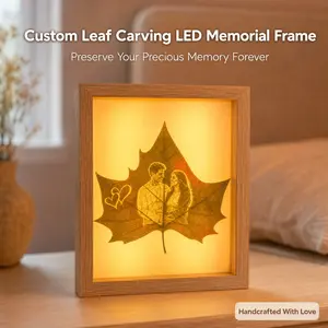 Custom Leaf Carving LED Memorial Frame Personalized Photo Engraved Gift for Anniversary Birthday Wedding Loss of Loved One
