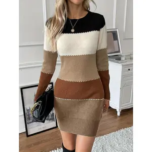 Color Block Long Sleeve Dress, Elegant Crew Neck Dress, Women's Clothing