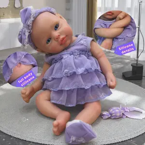 13 Inch Adorable Full Body Solid Silicone Reborn Girl Doll With Purple Dress Painted Bald 3D Painted Skin Soft Touch Feeling Washable Handmade Newborn Baby Doll For Children's Gift And Present