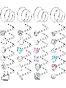 36Pcs 18G 20G Steel Nose Stud Nose Ring Nose Piercing Nose Hoop Ring L Shaped Silver Nose Studs Hypoallergenic CZ Opal Heart Star Nose Piercing Jewellery for Women Men