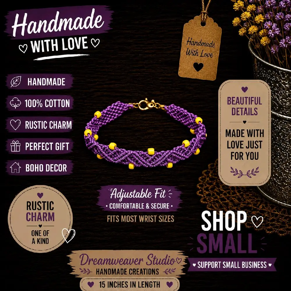 Handmade Purple & Yellow Macramé Bracelet – Beaded Friendship Bracelet – Boho Woven Jewelry – 7 Inch Bracelet