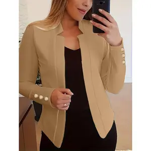 Fashion Solid Color Open Front Long Sleeve Button Blazer - Women's Office Wear, Classic Professional Wear with Modern Style - Perfect Work, Business Casual Events, and Daily Life trendy blazer Womenswear YF35425 Winter Elastic