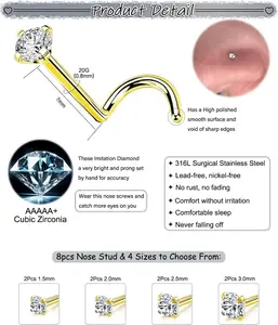 8Pcs Hypoallergenic Nose Rings Studs Set for Women, Men - G23 Titanium/316L Surgical Stainless Steel, Nickel-Free Lead-Free L-Shaped/Corkscrew CZ Piercing Jewelry (1.5-3mm Sizes)