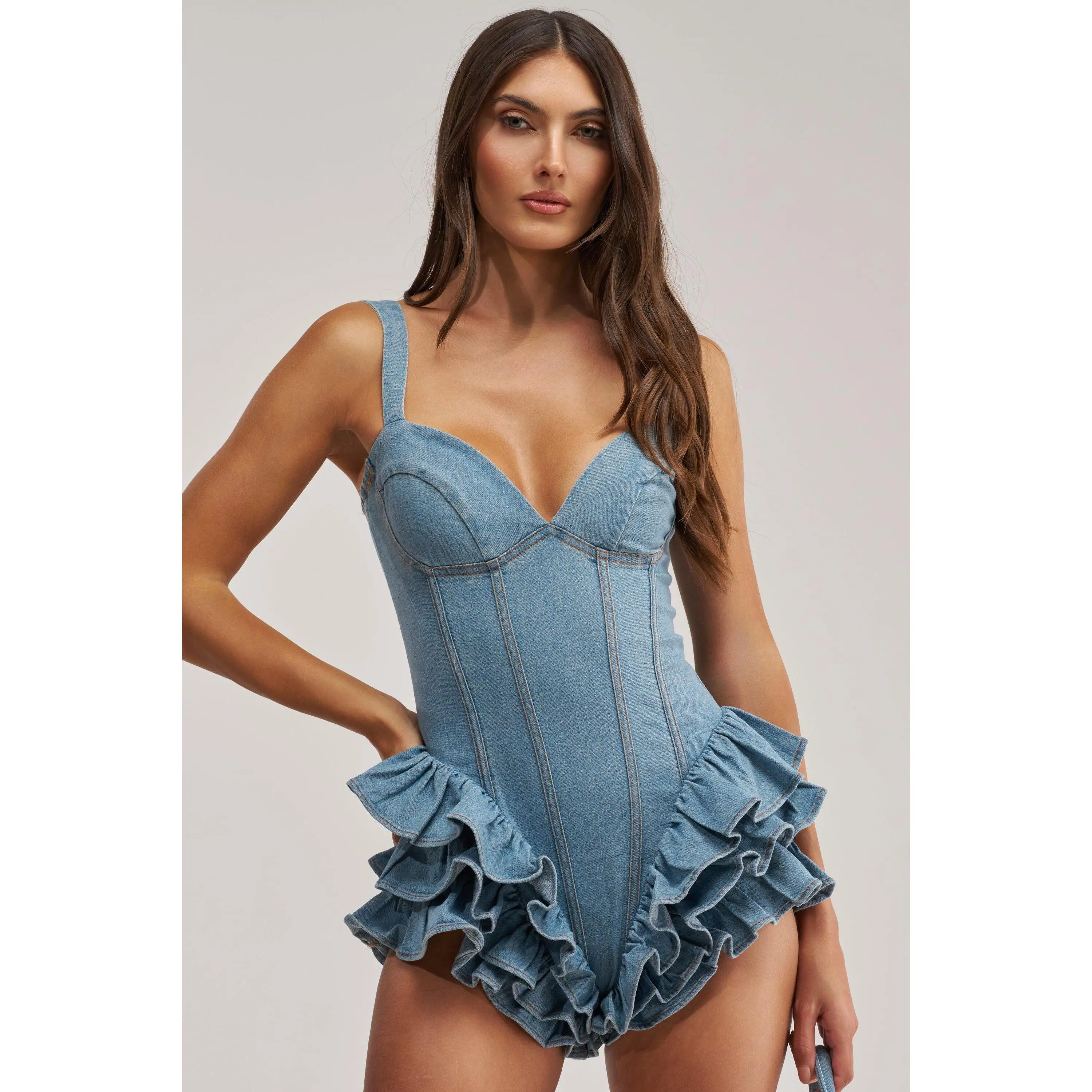 PLAY IT COOL RUFFLE DENIM ROMPER