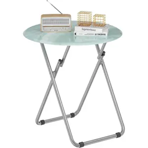 Folding TV Trays, Round Tray Table, Small Foldable Table with Light Weight, Portable Dinner Table for Eating, Snack Side Trays Table, 17.5 x 17.5 x 26 in (Ocean Blue Marble)