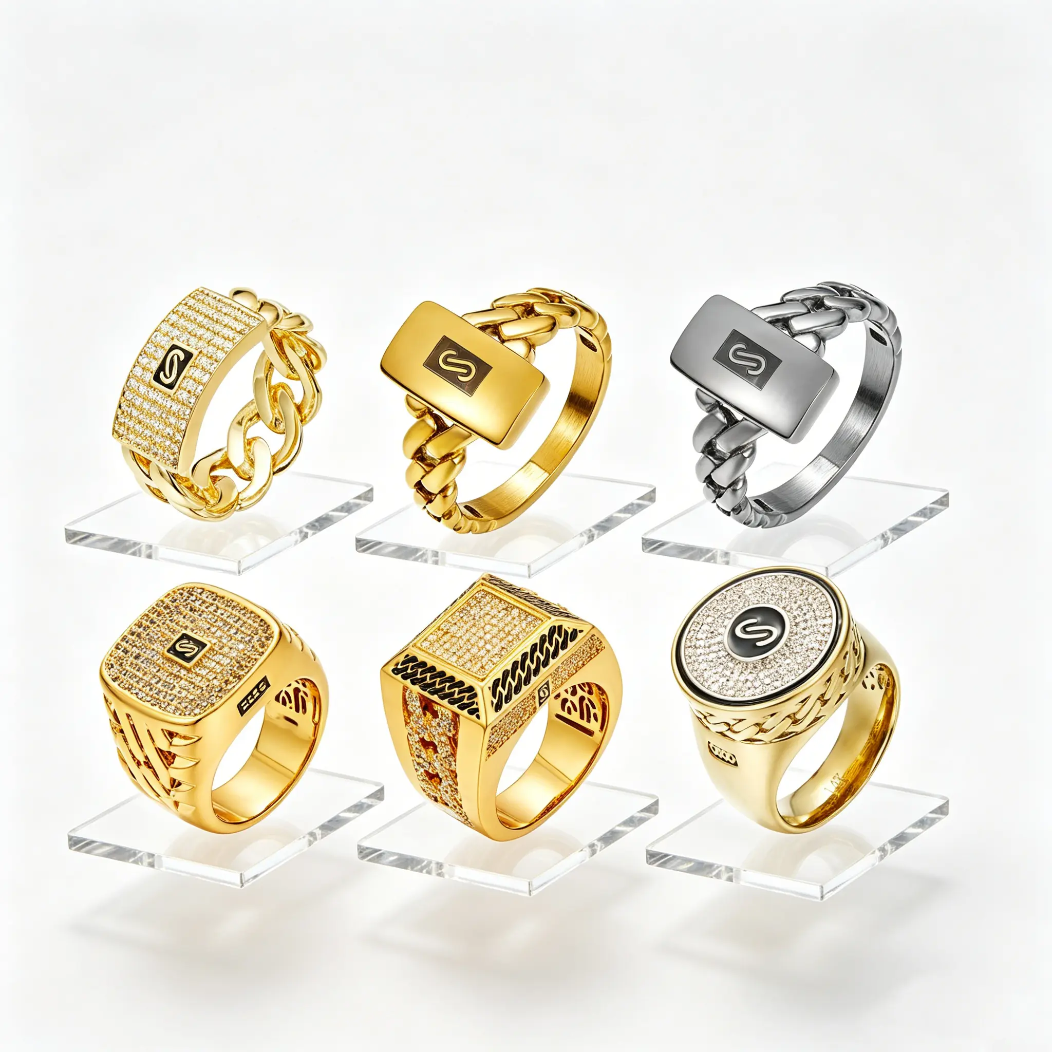 Men's Monaco Plated Gold Promise Ring - Stainless Steel Initial S Zircon, Iced Out Gold Rhinestone Rings, Hip Hop Fashion Jewelry Gift