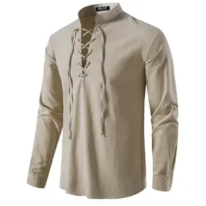 JEMITOP Men’s Pure Cotton Long-Sleeve Retro Lace-Up Menswear Shirt - Halloween Cosplay, Casual Wear for Renaissance, Pirate Themes