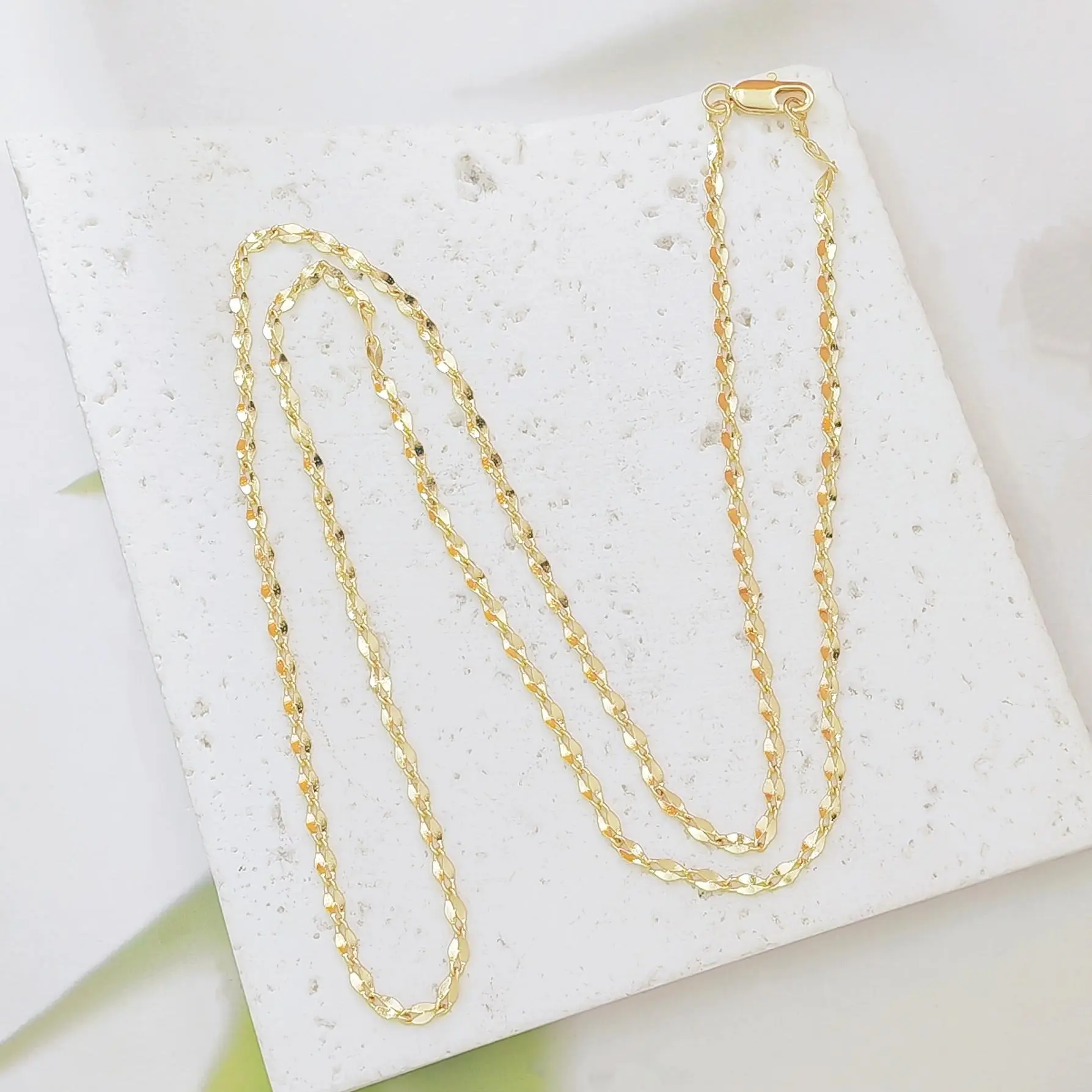 14K Gold Plated Copper Lip Chain Necklace for Women, Diamond Cut Shiny Flat Sequin Link Dainty Adjustable Chain Necklace with Lobster Clasp, Minimalist Daily Wear Jewelry Gift
