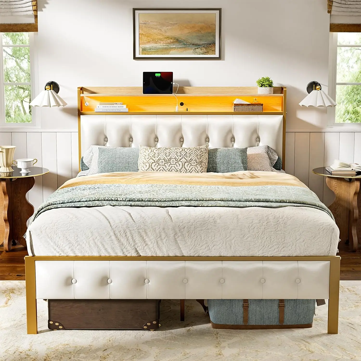White,Bed Frame with Storage Headboard & Footboard Upholstered Platform Bed with LED Lights USB Ports & Outlets No Box Spring Needed（only bed frame） Modern Bedroom Furniture