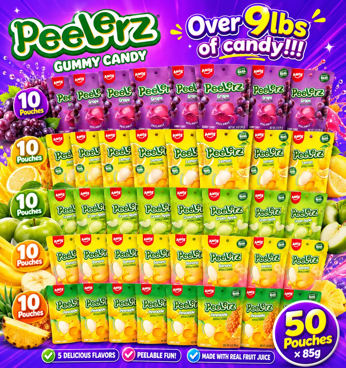 Hero Pack! 50 Bags. 5 Fruity Flavors, Grape, Lemon, Green Apple, Banana & Pineapple Hero Pack! 50 Bags. 5 Fruity Flavors, Grape, Lemon, Green Apple, Banana & Pineapple