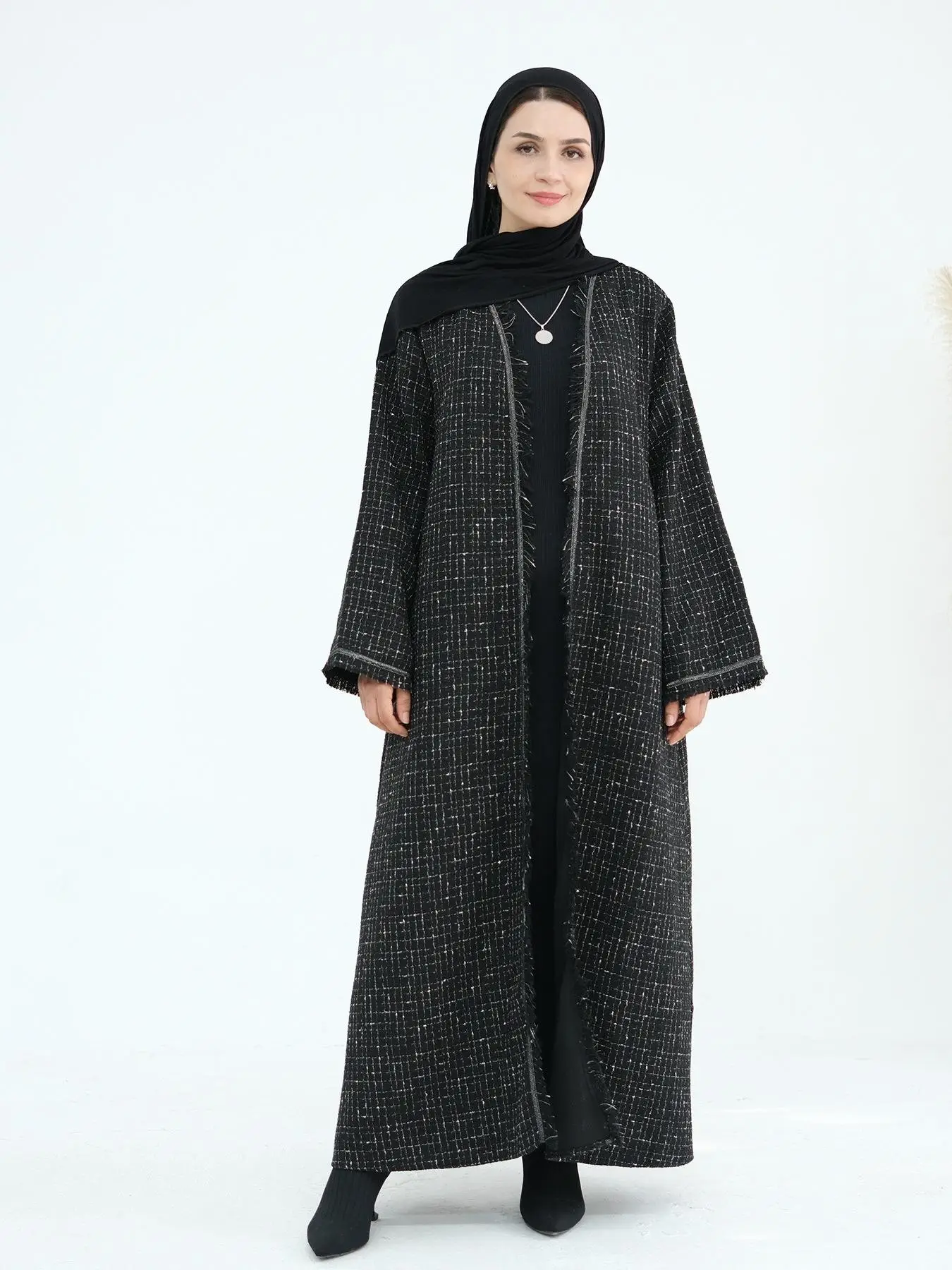 Women's Plaid Print Raw Hem Open Front Abaya, Modest Long Sleeve Long Dress Coat for Daily Wear, Modesty Clothing, Ladies Islamic Clothing for All Sea