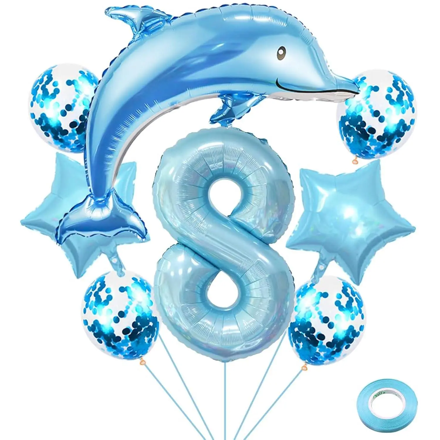 8Th Dolphin Birthday Balloons Giant Dolphin Aluminum Foil Balloon Number 8 Mylar Balloon Ocean Animals Balloons For Ocean Theme Party Supplies Boys Birthday Décor - Light Blue