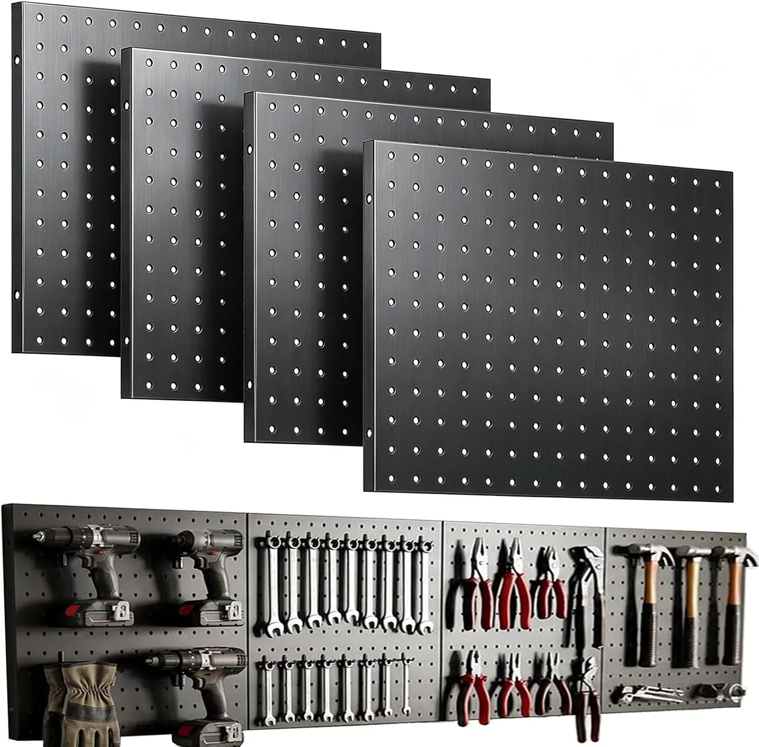 4pcs Metal Pegboard, Heavy Duty Wall Organizer With Frame, Black Pegboard For Walls, Garage, Workbench, Craft Room Tool Organization, 12in x 12in
