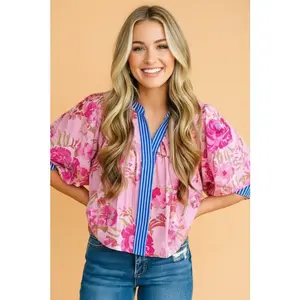 Floral 3/4 Sleeve Stripe Trim V-Neck Blouse