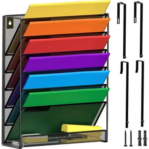 7-Tier Wall Hanging File Organizer Cubicle Hanging Organizer Mount File Holder, Mesh Magazine Document Mail Organizer Wall Organizer for Office School Home, Black