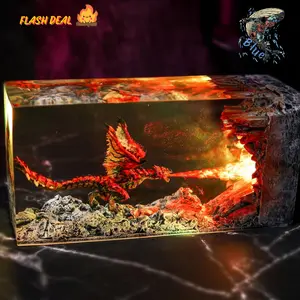 Handmade Fire-Breathing Dragon Resin Sculpture – Unique Cuboid Epoxy Art, Fantasy Dragon Collectible, Desk Display Model, Gift for Fans