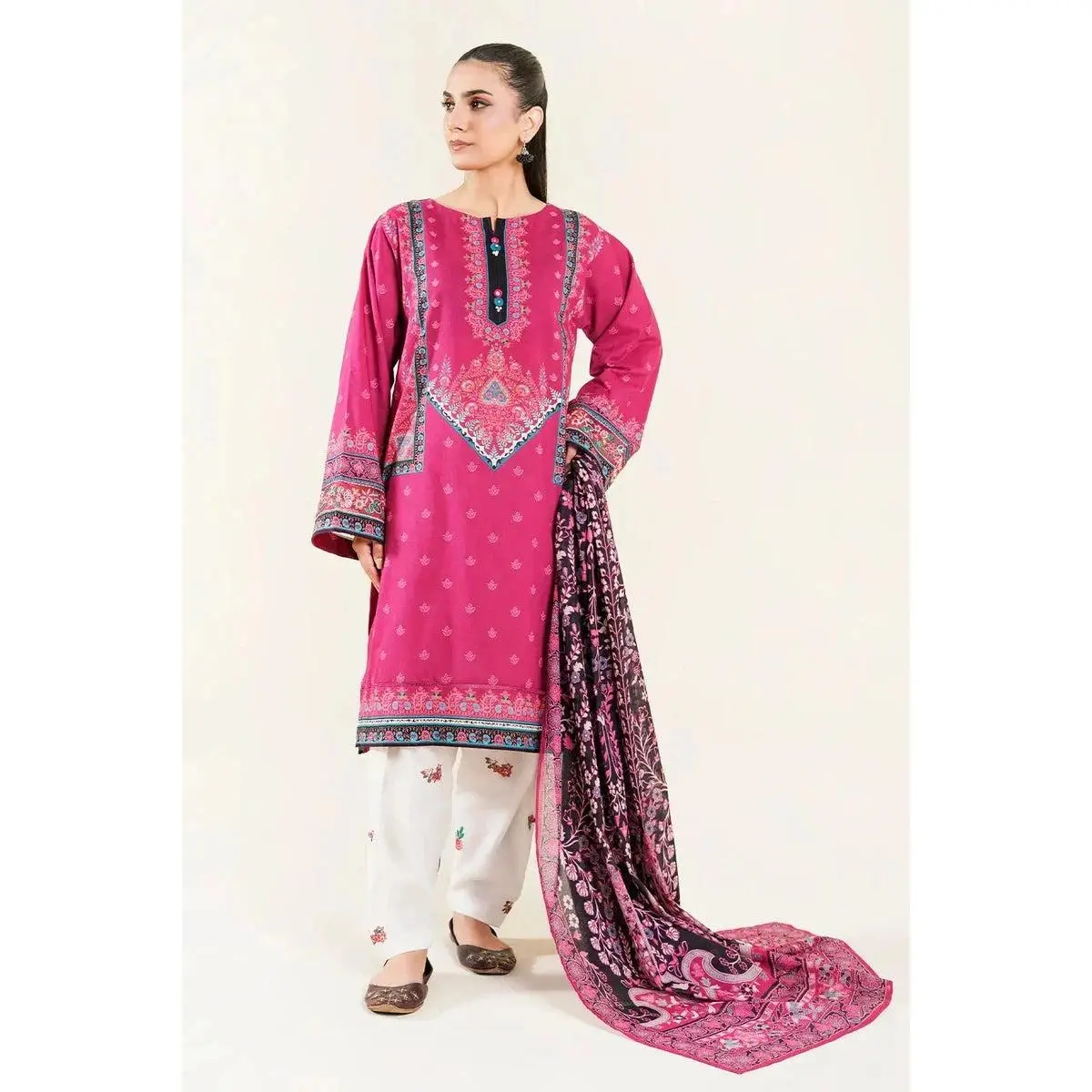 Women's Embroidered 3-Piece Lawn Suit - Dark Pink Ready-to-Wear Outfit with Full-Long Sleeve Printed Shirt, Dupatta and Trouser, Full Sleeve