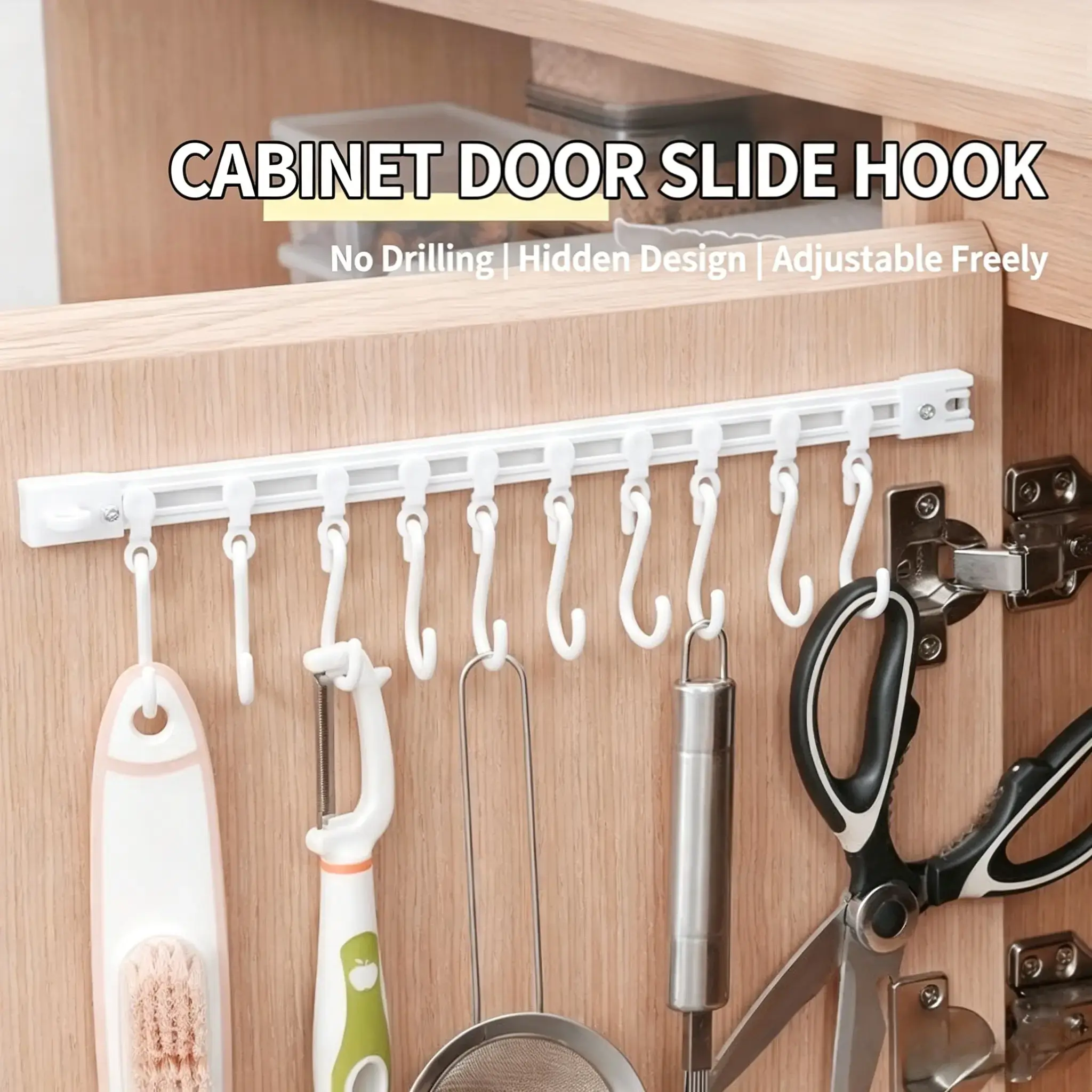 Multifunctional Slide Rail Hook, Adhesive Wall Hooks Rack, Kitchen Utensil Holder with 10 Hooks, Cupboard Hanging Storage Rack for Bathroom Kitchen Bedroom