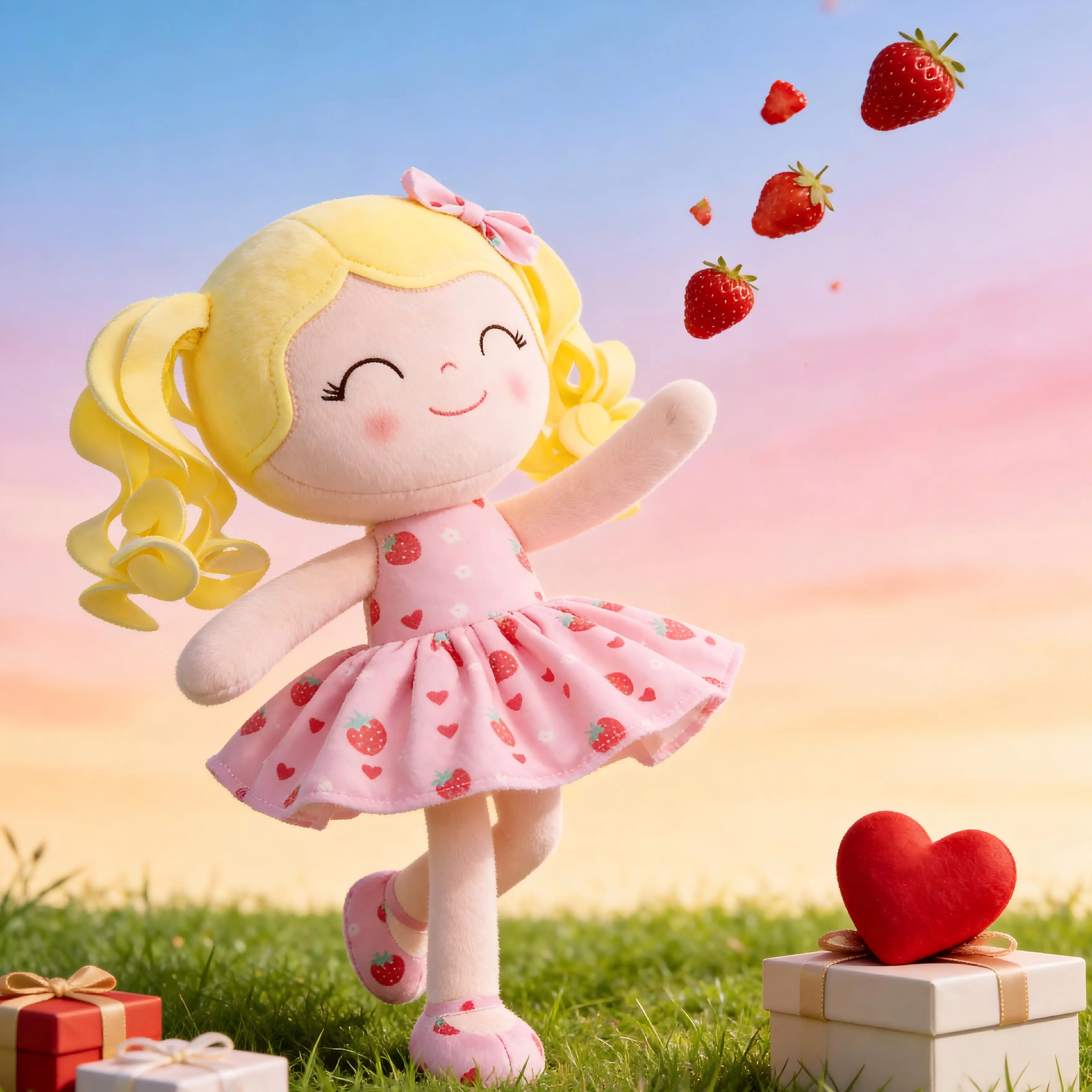 12-in Princess Plush Doll, Soft Cuddly First Baby Doll for 0-6 Years Girls, Curly Hair with Strawberry Dress, Baby Girl Christmas Gift, Princess Dolls, Soft Cuddly Gift