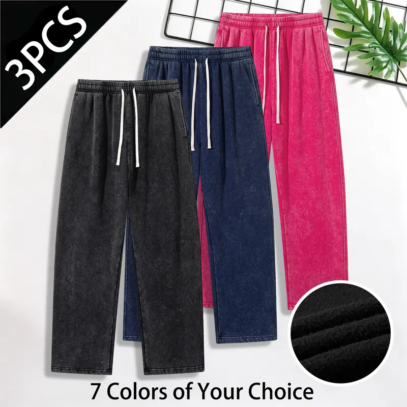 Men’s 3-pack washed solid-color cotton casual pants, suitable for autumn and winter, unisex, loose fit, also available as a single item, back-to-school clothing, casual wear/commuter wear, men’s pants