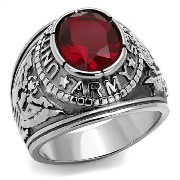 Men's Hypoallergenic 316 Stainless Steel Wide Band Army Ring with Ruby CZ Artificial Gemstone, Hypoallergenic Jewelry