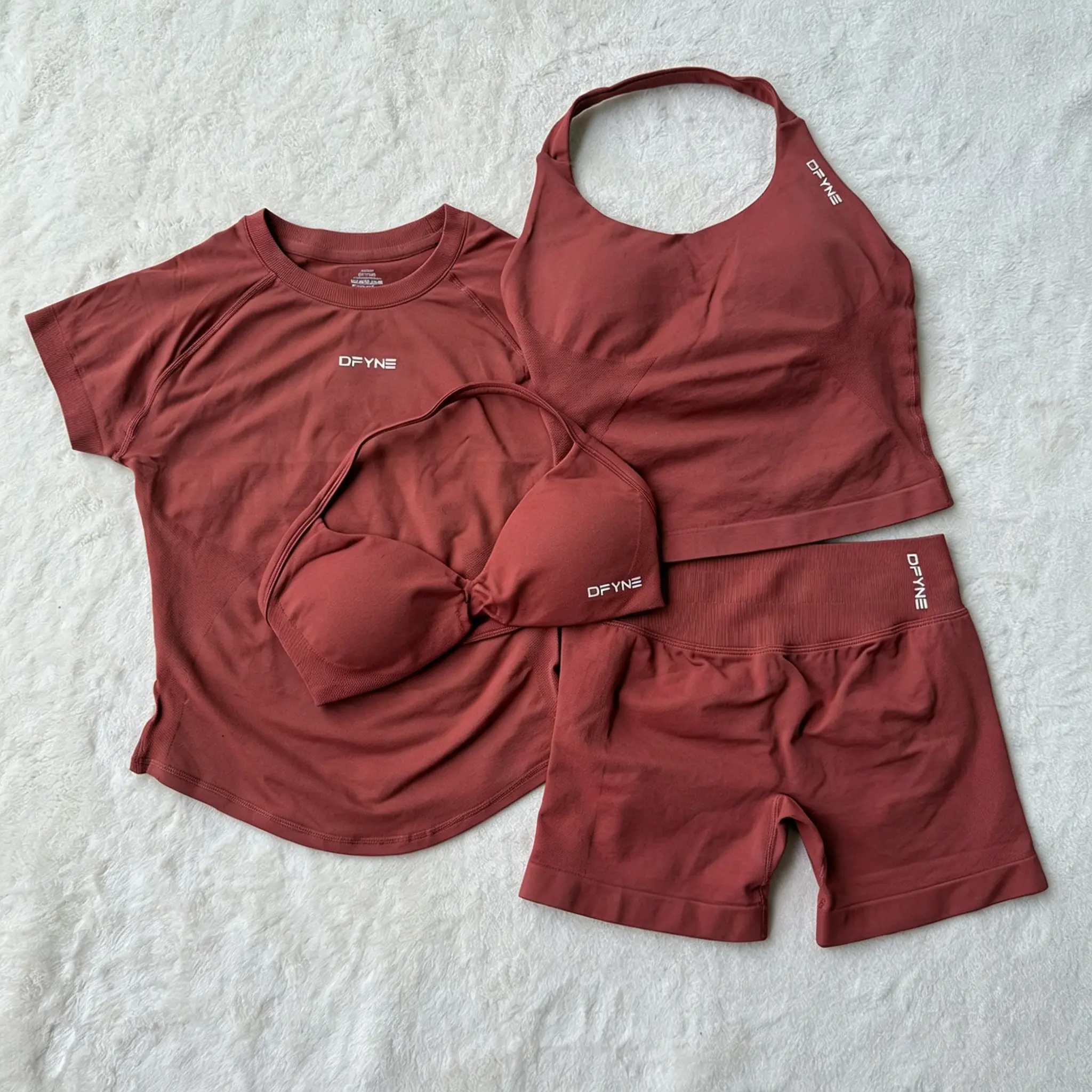 DFYNE Women's Seamless 4 Piece Workout Set - Halter Sports Bra, Short Sleeve Top & High Waisted Ruched Shorts Pack, Gym, Matching Activewear Set, Sport Ready