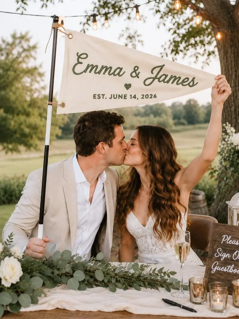 Custom Golf Wedding Embroidered Pennant Flag, Last Name Banner, Personalized Surname Couple Gift, Golf Wedding Decor, Tee Off Your Forever