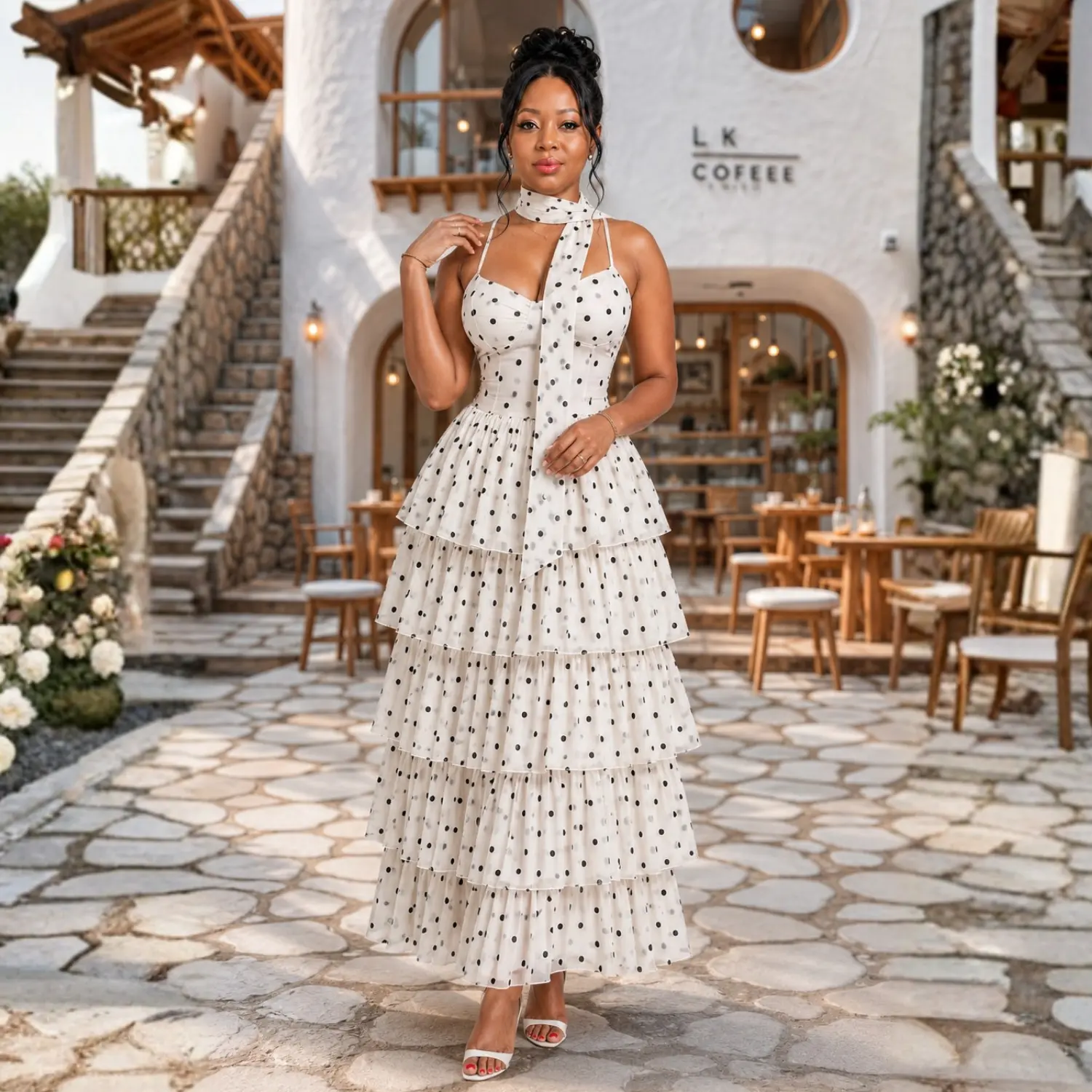 Polka Dot Tiered Organza Midi Dress