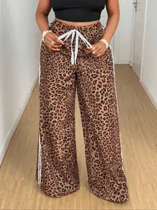 Women's Plus Size Leopard Print Mesh Drawstring Wide Leg Pants, Loose Fit Long Trousers for All Seasons, Casual Streetwear