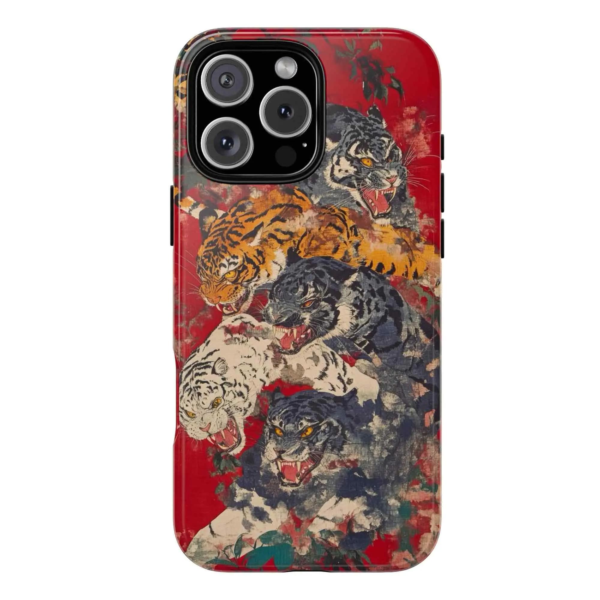 Vintage Chinese Tigers Phone Case for iPhone 17 16 15 14 13 12 11 – Cute Tiger Collage, Japanese Traditional Art Print & Big Cat Aesthetic Durable & Protective Cover Best Gift for Animal Lovers & Tiger Fans!