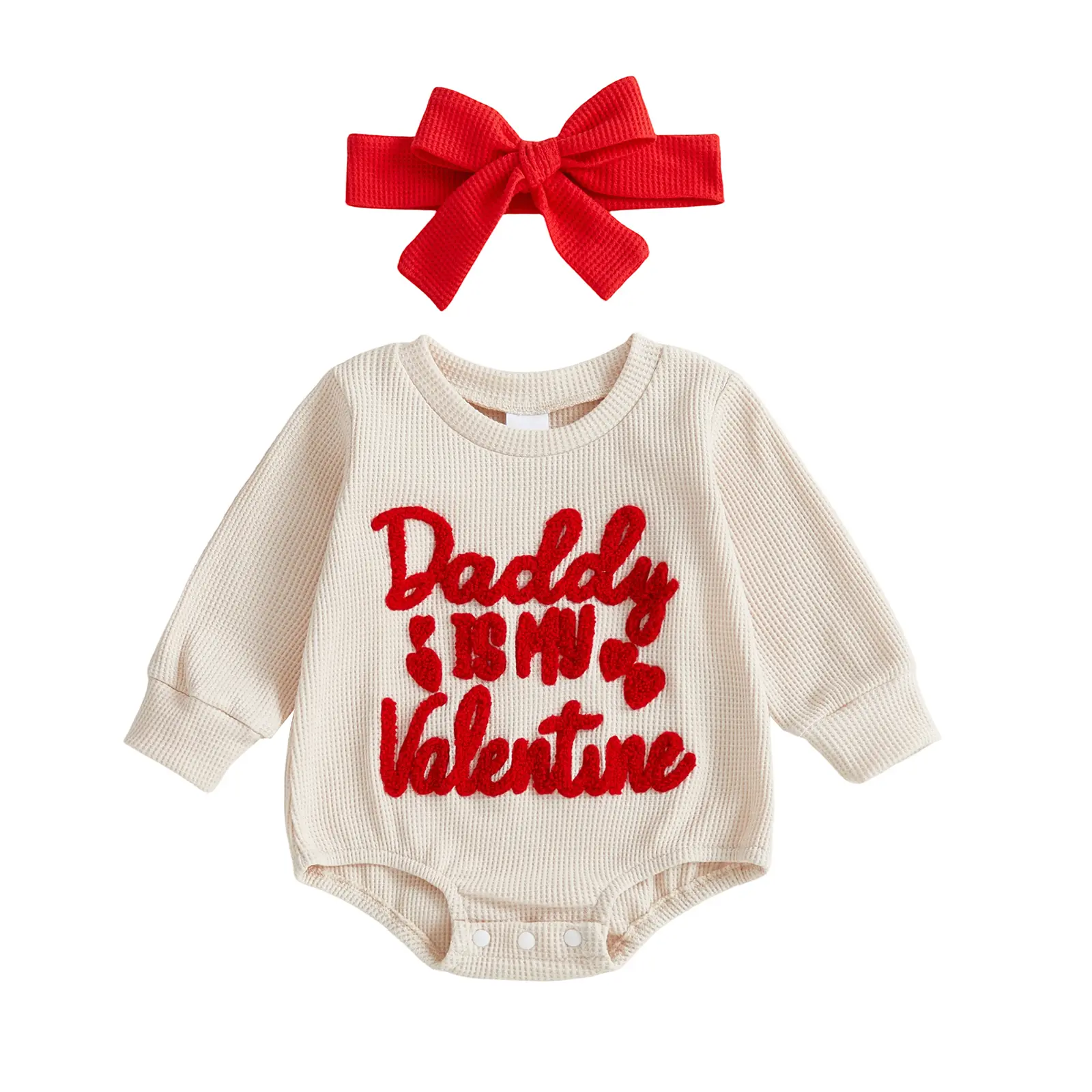 Sprifallbaby Baby Girl Valentine's Day Long Sleeve Crew Neck Waffle Bubble Romper Onesie Sweatshirt, Embroidered Letter Design, My First Valentine's Outfit