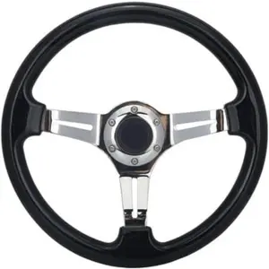 Classic Black Car Racing Steering Wheel Chrome Silver Spokes 14" Flat Dish Sports Wood Grain Steering Wheel Anti-slip with Horn Button