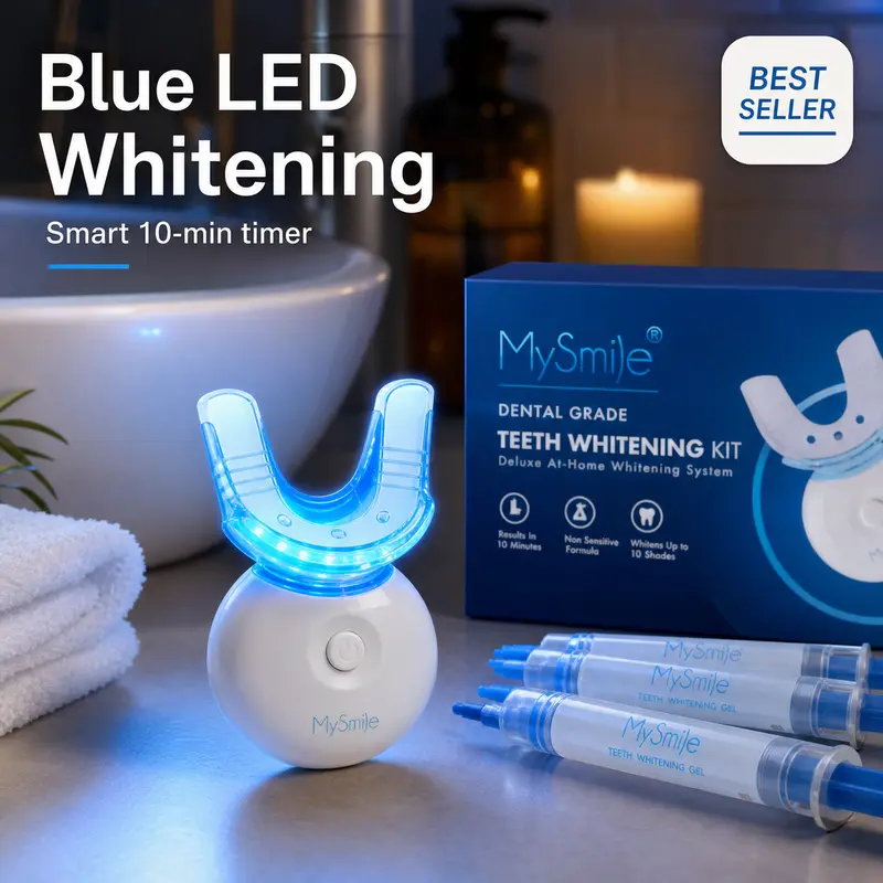 MySmile 10-Min Teeth Whitening Kit - 5 Blue Light LED Mouthpiece, Unscented Carbamide Peroxide Gel, Oral Stain Remover for Coffee & Wine Stains (Sensitive Teeth Friendly, Teeth Brightening), Teeth Brightener, Moisturizing, Batteries