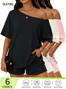 Off-The-Shoulder Louge Set for Women, Oversized Short Sleeve T-Shirts&Elastic Waist Shorts Design, Solid Color, Casual Style for Summer & Spring