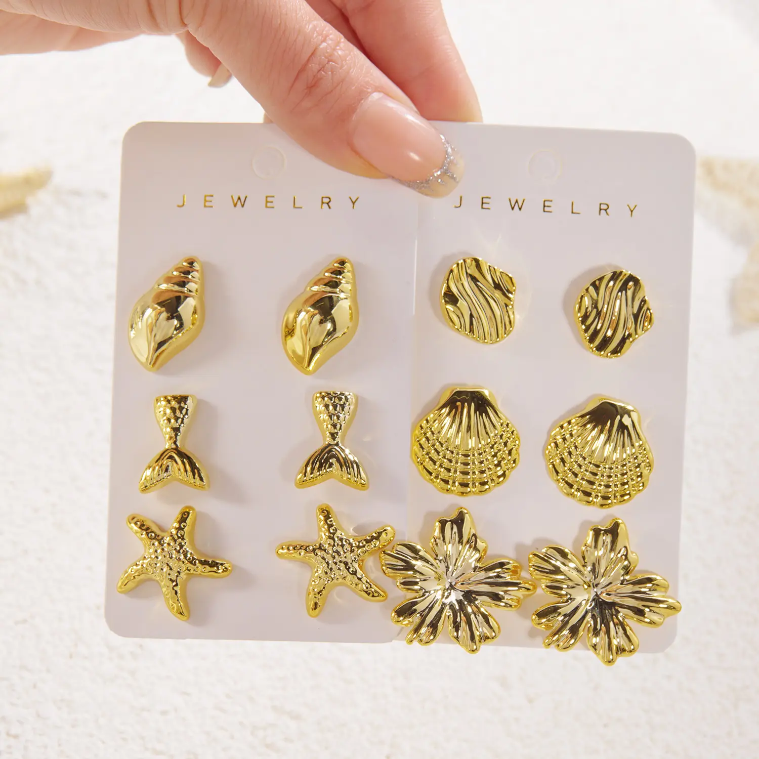 6pcs Gold Color Starfish S Stud Earrings Set for Women Ocean Series CCB Metal Textured Earring Boho Beach Party Jewelry