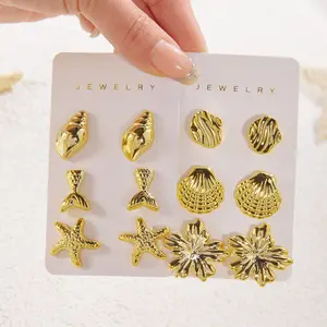 6pcs Gold Color Starfish S Stud Earrings Set for Women Ocean Series CCB Metal Textured Earring Boho Beach Party Jewelry