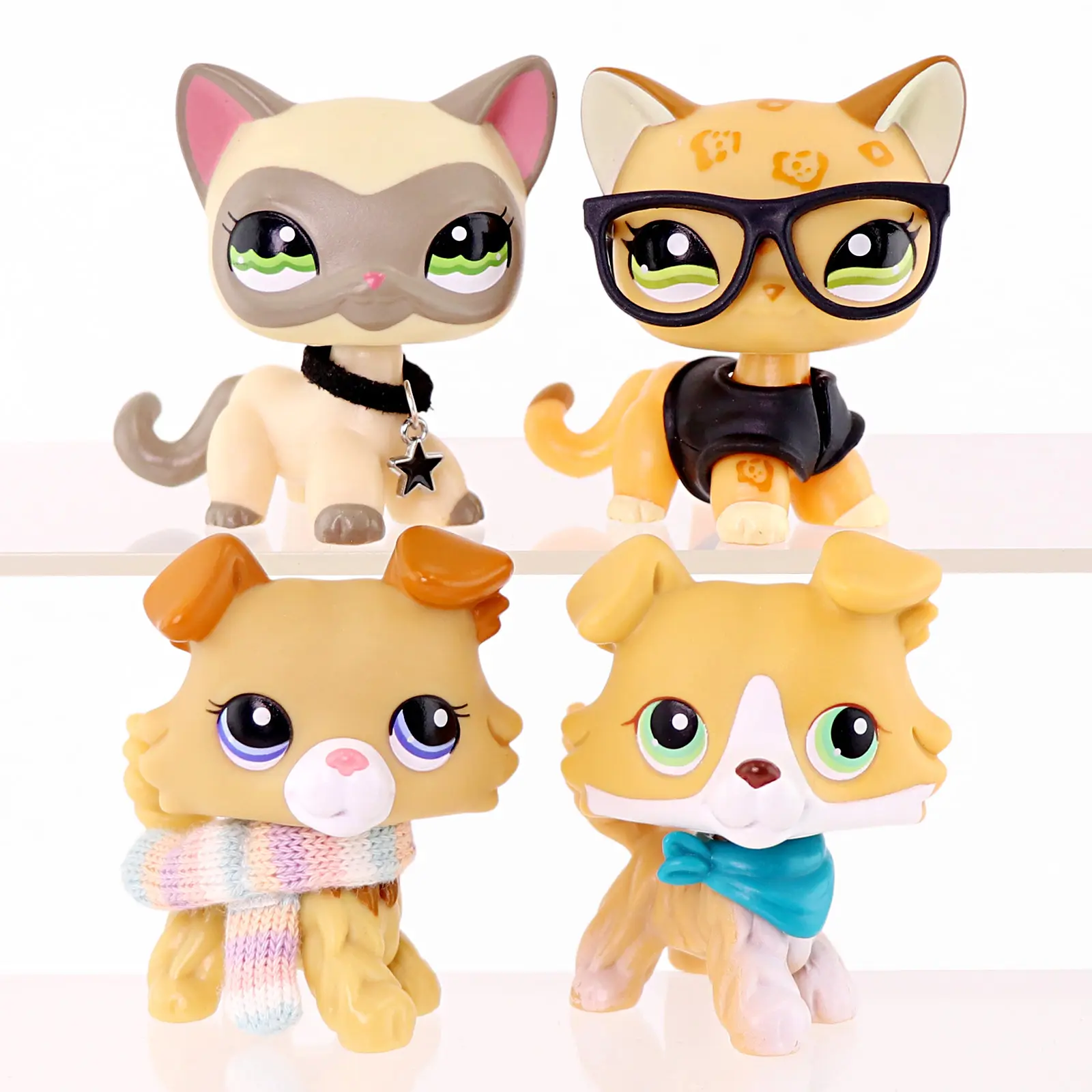 4 Pcs Cute Mini Pet Figurines Set, Cartoon Spotted & Masked Cats, Fluffy Puppy Collectible Dolls with Glasses, Scarf, Star Pendant Accessories, Small Pocket Animal Figures for Kids Pretend Play, Birthday Party Favor Gift for Girls Boys Age 4+
